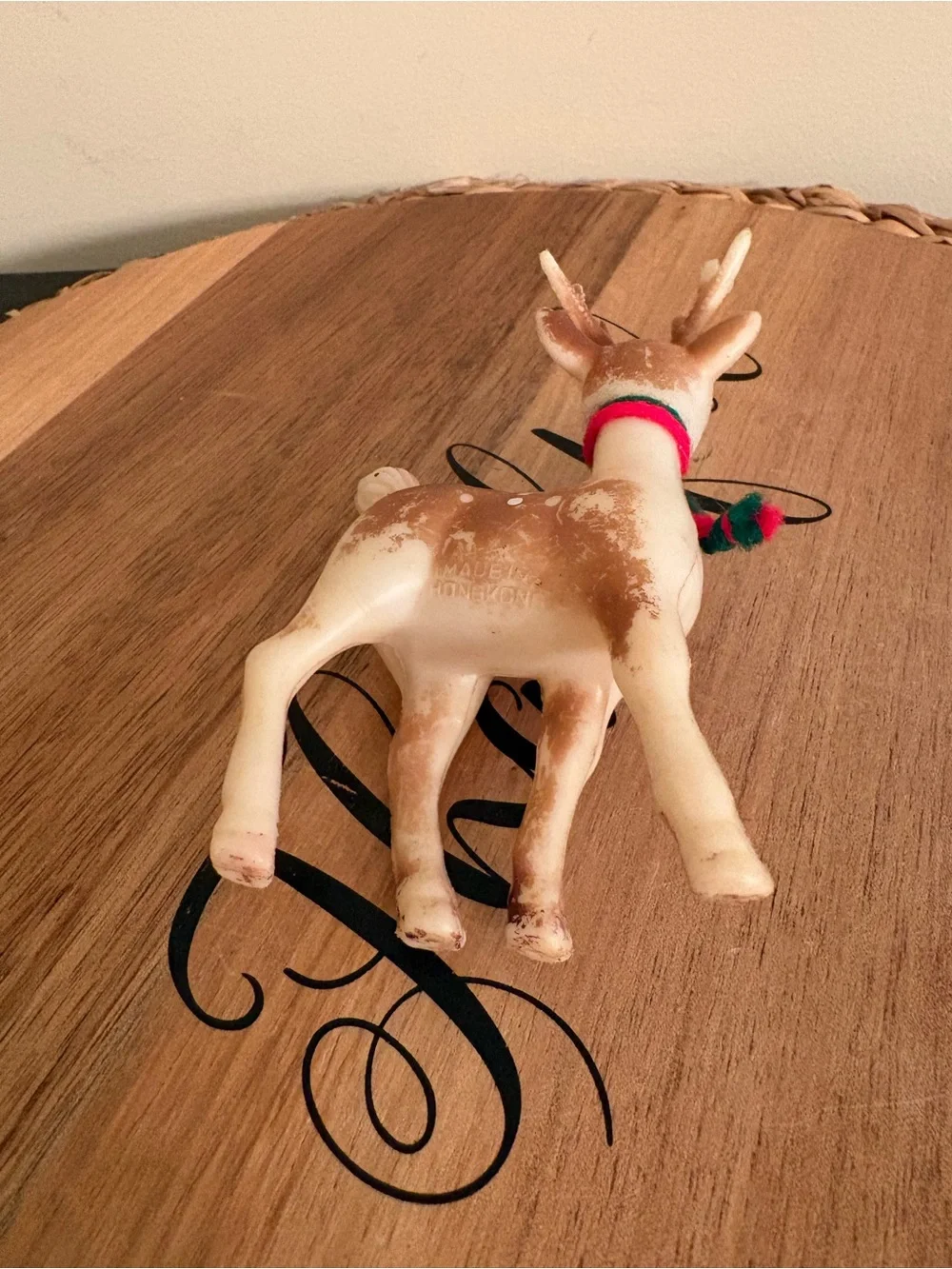 Vintage Brown & Cream Reindeer Figurine with Red and Green Scarf Plastic